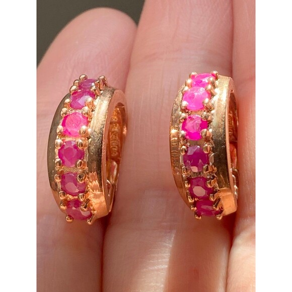 Ross Simons 925 sterling silver 14k gold vermeil genuine ruby hoop Earrings - Picture 3 of 7
